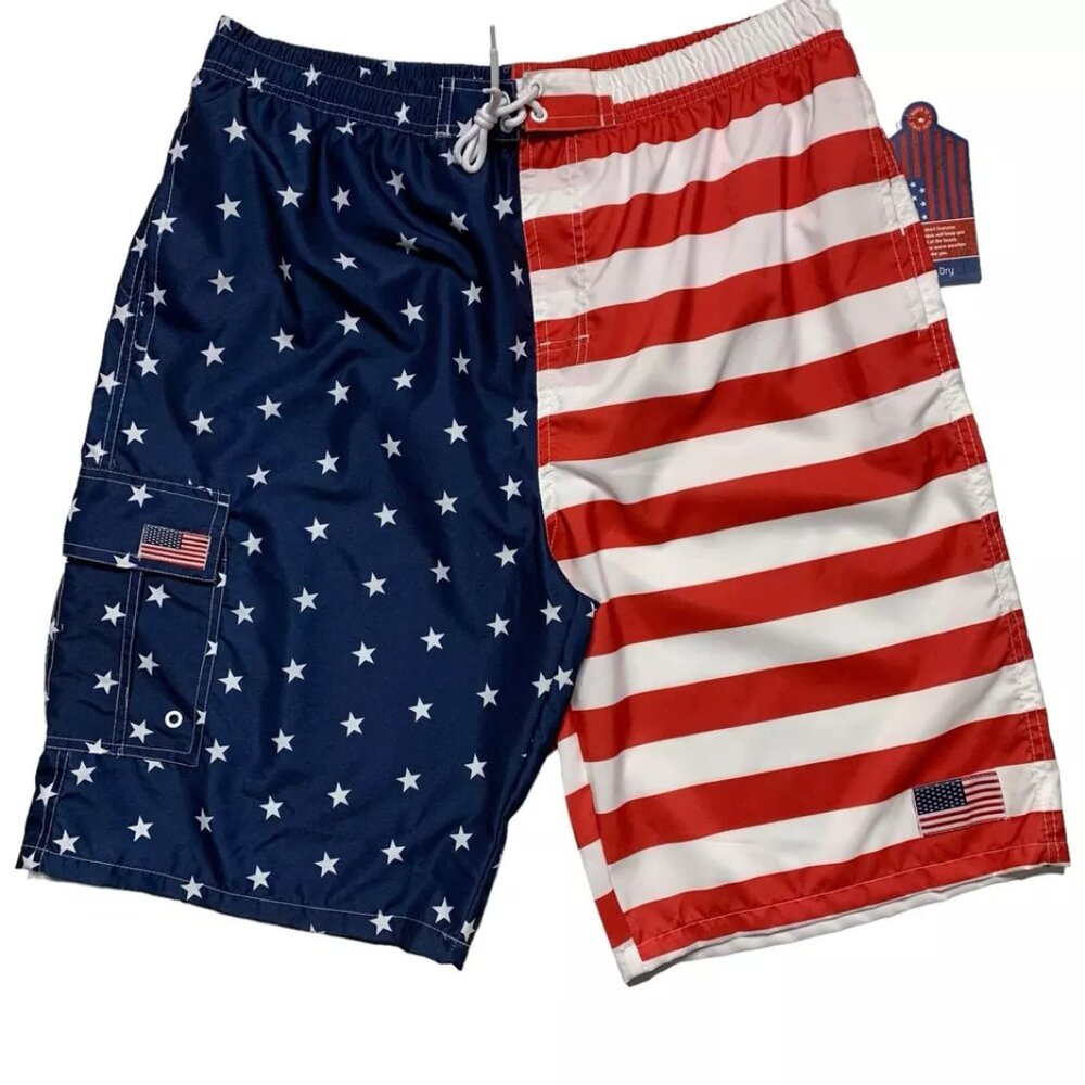 North 15 American Flag Stars Stripes Swim Trunk Size XL Cargo Pocket Microfiber